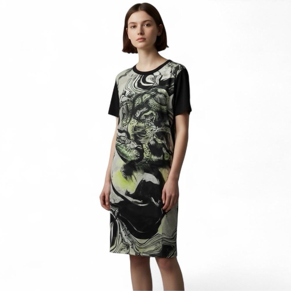 Strenesse‎ T-Shirt Dress Psychedelic Whimsigoth Dragon Watercolor Art Size 8